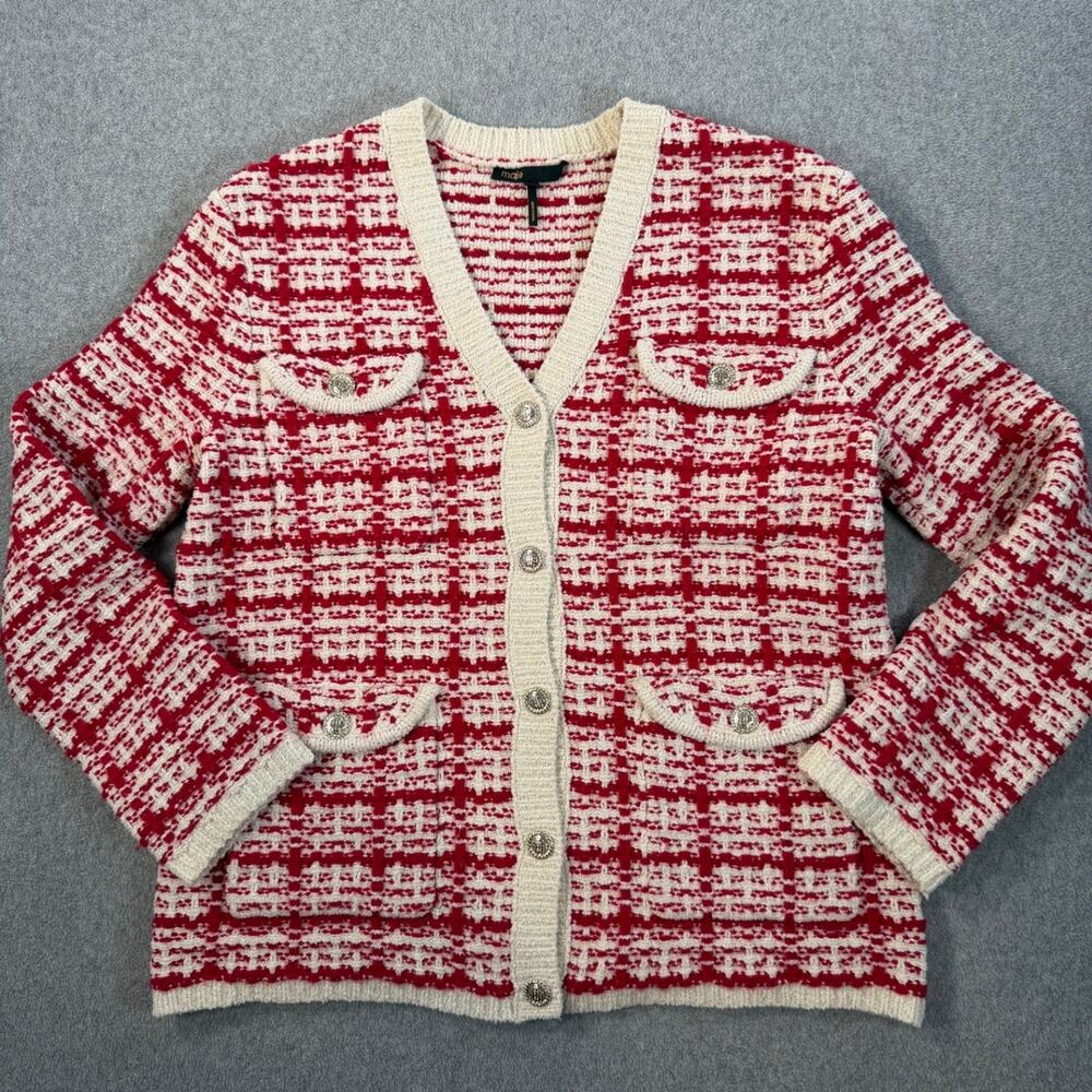 Maje Women's Small Two Tone Tweed Effect Knit Cardigan Red/White Pockets